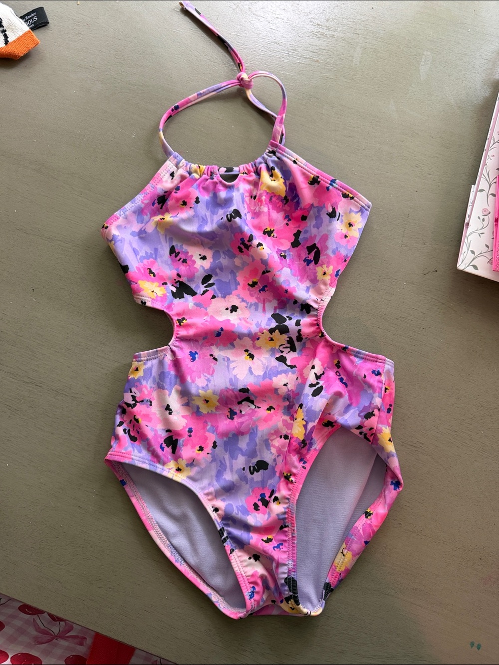 Girls' Pink Floral Cutout One-Piece Swimsuit